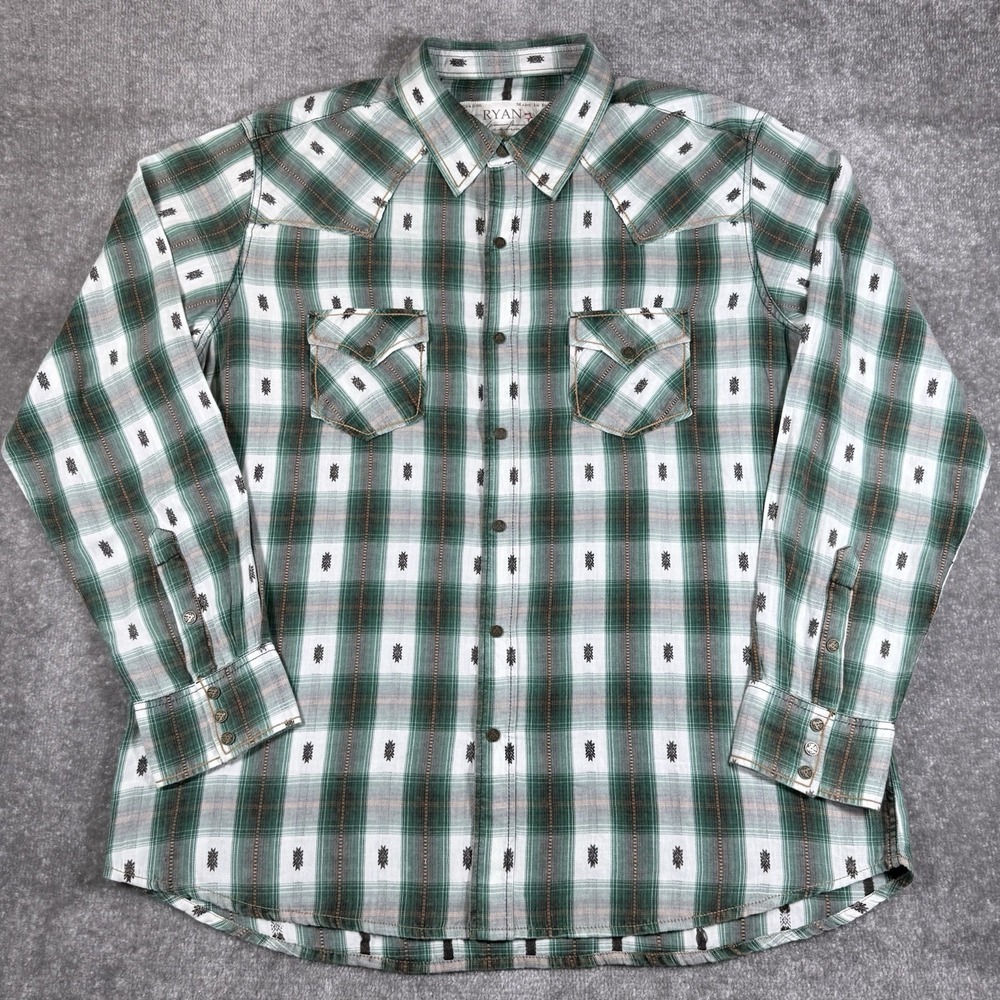 Ryan Michael Shirt Men's XXL Green Plaid Aztec Pearl Snap Cotton Western‎